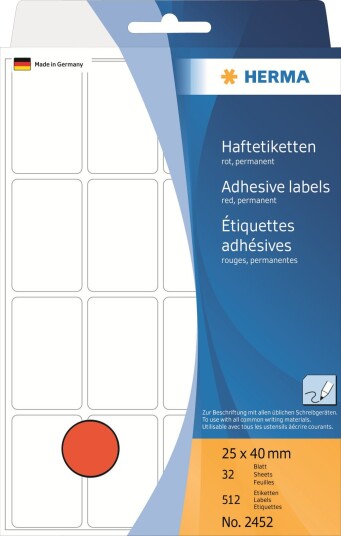 Herma - Permanet Adhesiv - Rød - 25 X 40 Mm 512 Etikett(Er) (32 Ark X 16) Merkelapper
