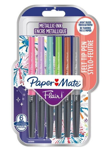 Paper-Mate Flair Metallic Felt Tip Pens  Glittery Ink Shines on Hvit Paper  Assorted Colours  Medium Point 0.7mm  6 Count