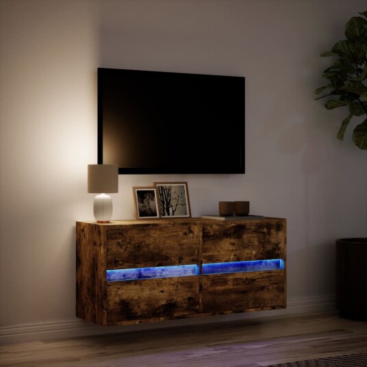 Vegghengt TV-benk med LED røkt eik 100x31x45 cm 852296 Vegghengt TV-benk med LED røkt eik 100x31x45 cm 852296