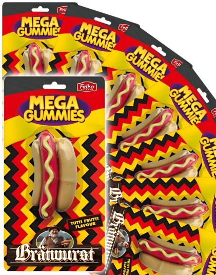 Sweet & Candy 9 stk Mega Gummies German Bratwurst Vingummi Pølse med Tutti Fruttismak Hel Eske 108 kg