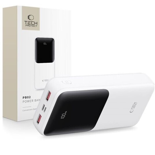 Tech-Protect PB02 20000mAh Powerbank med 22,5W Hurtiglading - Hvit