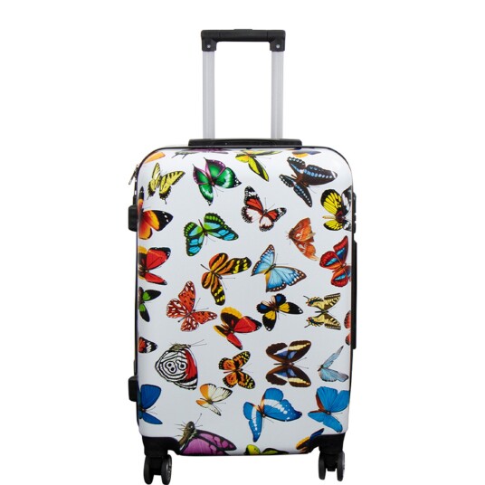 Borg Living Koffert - hardcase koffert - Str. Mellomstor koffert med motiv - Hvit med sommerfugletrykk - Eksklusiv lettvekt reisekoffert