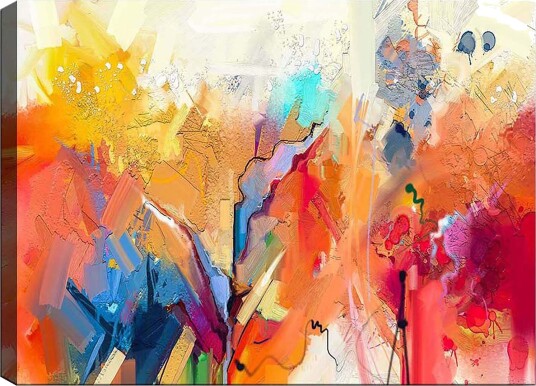 Lerretsbilde 70x100 cm Abstrakt landskap med fargerike former og dynamiske linjer Oransje / Gul / Blå