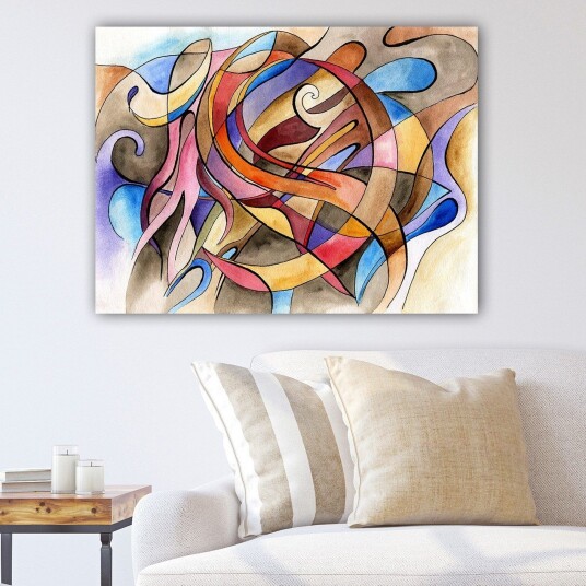 Lerretsbilde 70x100 cm Abstrakt komposisjon med flytende linjer og former i varme og kalde farger Rød / Blå / Beige