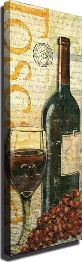 Lerretsbilde 30x80 cm Vinflaske med glass og druer Mørk grønn / Rød / Brun