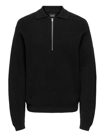 ONLY & SONS Onskaiser Rlx Ls 1/2 Zip Polo Knit Noos - Black - L