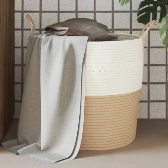 Oppbevaringskurv beige og hvit Ø43x38 cm bomull