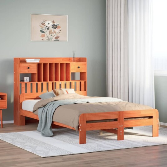  Seng med bokhylle uten madrass voksbrun 135x190 cm heltre furu 8721158383389