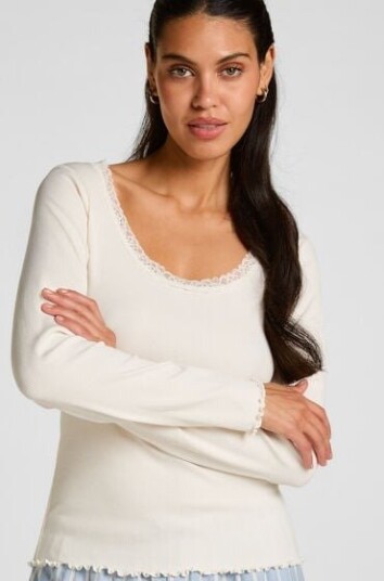 Hunkemöller Jersey Topp med Blonder Hvit