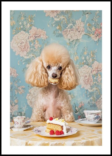 Poodle Sits At A Vintage Tea Table Poster Plakat / 30x40cm