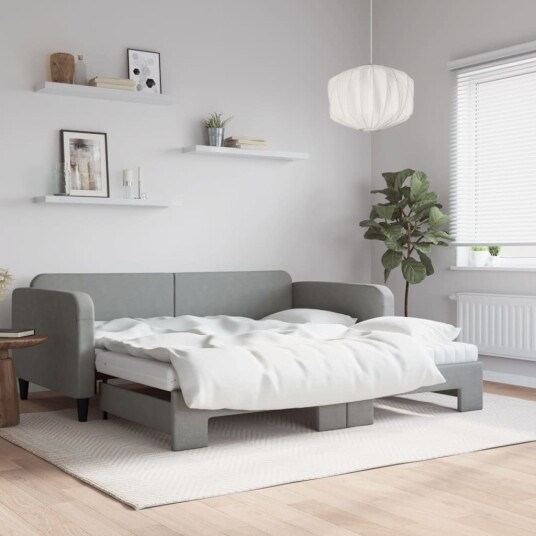  Uttrekkbar dagseng med madrass lysegrå 90x190 cm stoff