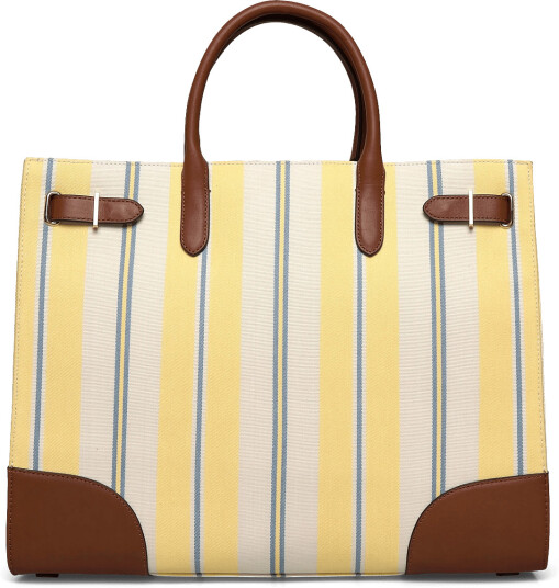 Lauren Ralph Lauren Striped Canvas Large Devyn Tote Bag Yellow ONE SIZE