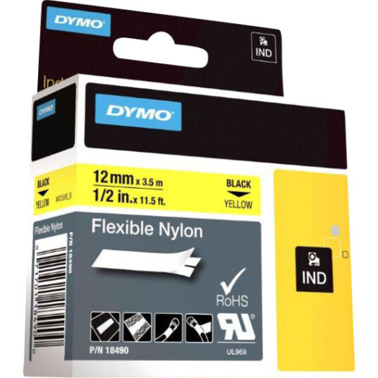 Dymo Rhino 12mm Nylon sort på gul - 1861620