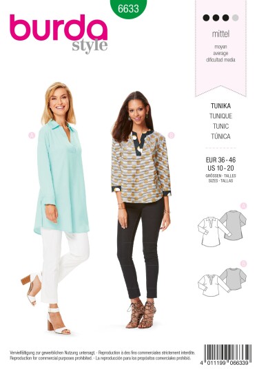 Burda 6633 - Tunika & Bluse EUR: 36-46, US:10-20