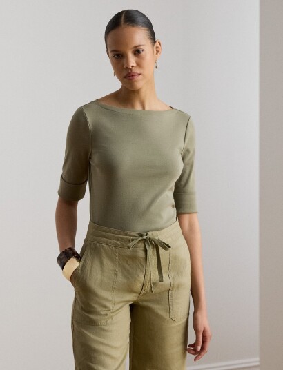 Lauren Ralph Lauren Stretch Cotton Boatneck Tee Khaki green L