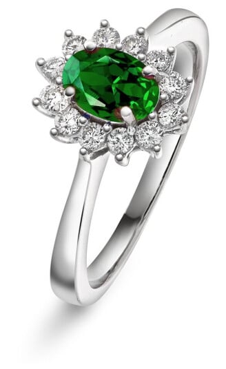 Gold Collection Ring i hvitt gull med diamant og smaragd 0 24 ct TWSI storrelse 56
