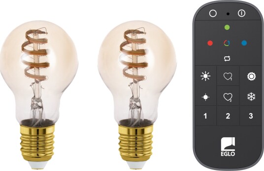 Eglo Connect-Z E27 Led A60 Pakke Med 2 Amberfarvede Standardpærer Spiral Og Justerbart Hvidt Lys Samt Fjernbetjening Eglo Connect-Z E27 Led A60 Pakke Med 2 Amberfarvede Standardpærer Spiral Og Justerbart Hvidt Lys Samt Fjernbetjening