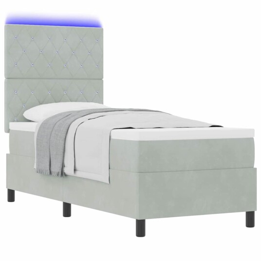 Box Spring Seng med Madrass og LED Lys Lysegrå 80x200 cm Fløyel