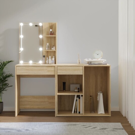 vidaXL LED-sminkebord med skap sonoma eik konstruert tre