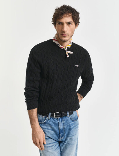 GANT Cotton Cable C-Neck - Black - XXXL