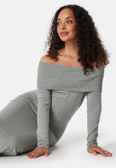 BUBBLEROOM Knitted Off Shoulder Dress Grey melange M