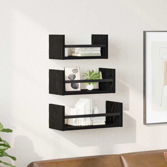  Vegghyllesett 3 pcs Svart Eik 40x16x14cm Konstruert tre