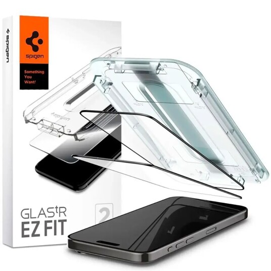 Spigen EZ Fit Skjermbeskytter for iPhone 15 Pro Max - 2-pak - Svart Kant