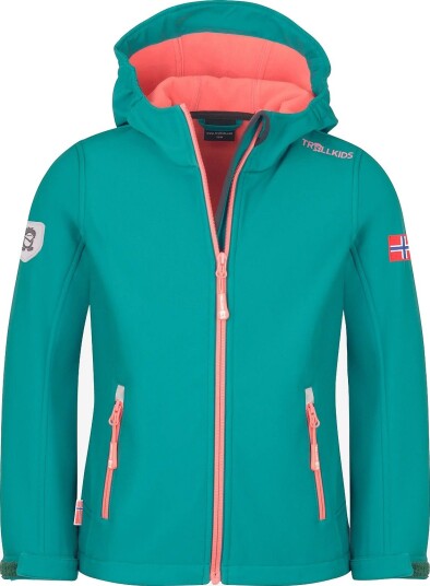 TrollKids Girls Trollfjord Jacket   OCEAN GREEN/CORAL PINK/MIDNIGHT PETROL   140