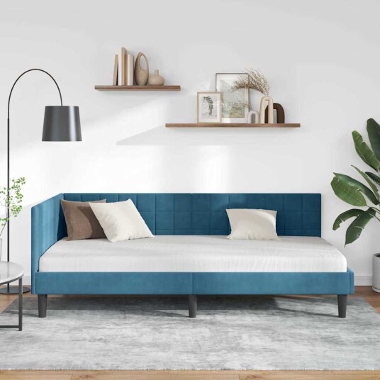 Hjørnesengramme med hodegjerde Blå 90 cm x 200 cm Fløyel