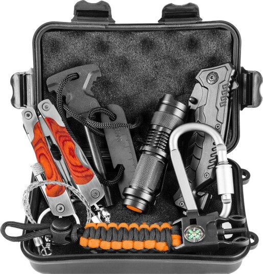 NEO Tools Overlevelsessett 8-i-1 Kniv Kompass lommelykt