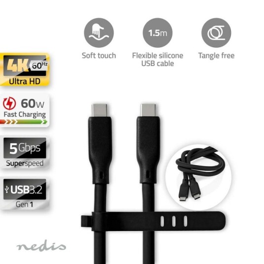 Nedis USB-C 3.2 Gen 1 Kabel 60W 5 Gbps 1.50m Silikon Svart Nedis USB-C 3.2 Gen 1 Kabel 60W 5 Gbps 1.50m Silikon Svart