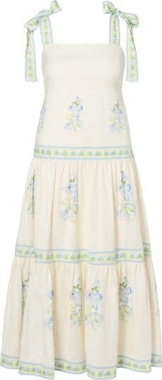 Malina Stefania Tie Strap Embroidered Midi Dress PASTEL FLORAL VANILLA 36 Malina Stefania Tie Strap Embroidered Midi Dress PASTEL FLORAL VANILLA 36