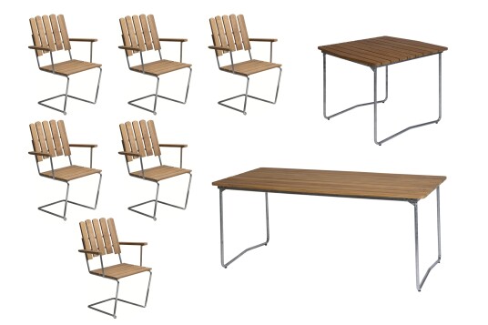 Grythyttan Stålmöbler B31 spisegruppe Teak/galvanisert stål 6 lenestoler, bord 84 x 92 cm & bord 170 x 92 cm