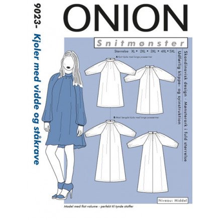 ONION Snittmønster Plus 9023 Kjoler med Vidde og Ståkrage Str XL 5XL