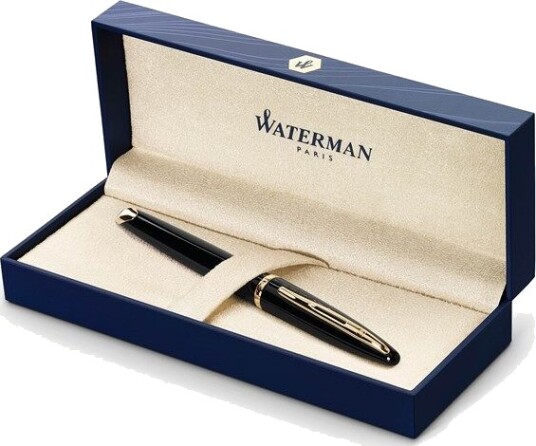 Waterman Carène Svart Sea Fountain Pen High-Gloss Svart & 23k Gull Clip Fine Nib with Blå Ink Cartridge Gift Box