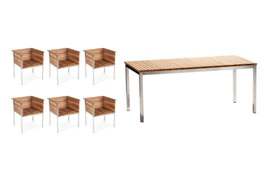Skargaarden Häringe spisegruppe Teak med rustfritt ståldetaljer 6 lenestoler & bord 214x95 cm