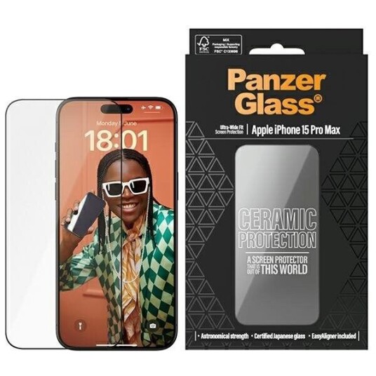Panzerglass Ceramic Skjermbeskytter for iPhone 15 Pro Max med EasyAligner - Ultra Wide Fit, Svart Kant
