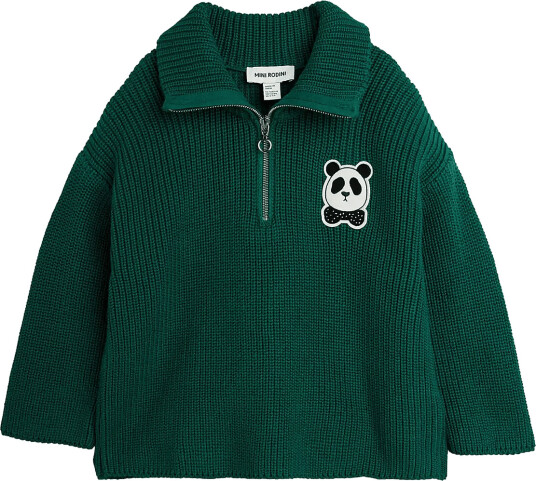 Mini Rodini Panda Patch Chunky Knit Half Zip Sweater Green 116/122