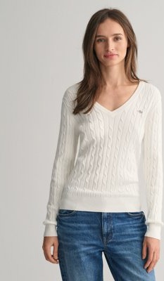 Kabelstrikket bomullsgenser med stretch og v-hals EGGSHELL XS Kabelstrikket bomullsgenser med stretch og v-hals EGGSHELL XS