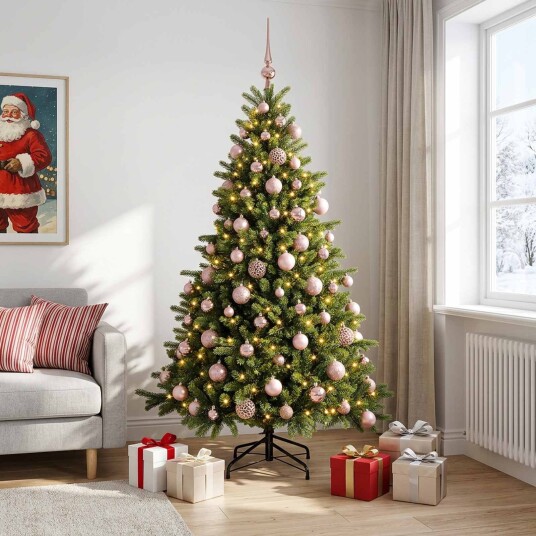 vidaXL Kunstig juletre med julekuler 180 cm 300 LED-lys Varmhvit