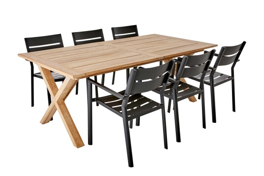Brafab Brutus & Delia spisegruppe Teak/svart 6 stoler & bord 200-265 x 100 cm