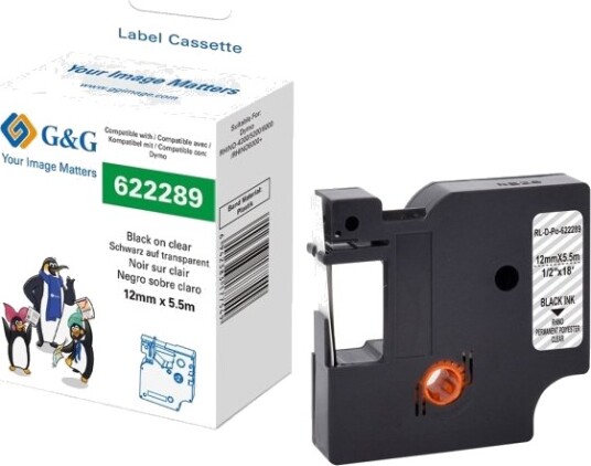 G&G 21704 Svart På Gjennomsiktig Kontinuerlig Etikett Svart Polyester 1,2 Cm 5,5 M