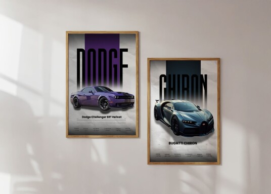 Plakat Dodge & Bugatti Biler / Sett av 2 Plakat Dodge & Bugatti Biler / Sett av 2