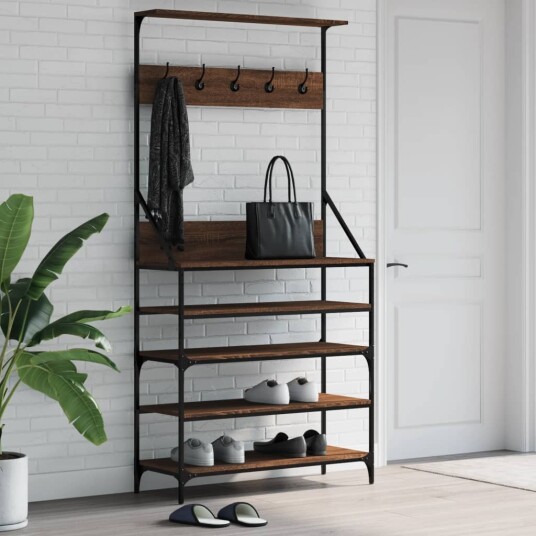 Klesstativ med skooppbevaring brun eik 90x34x184 cm 8721012196636 Klesstativ med skooppbevaring brun eik 90x34x184 cm 8721012196636