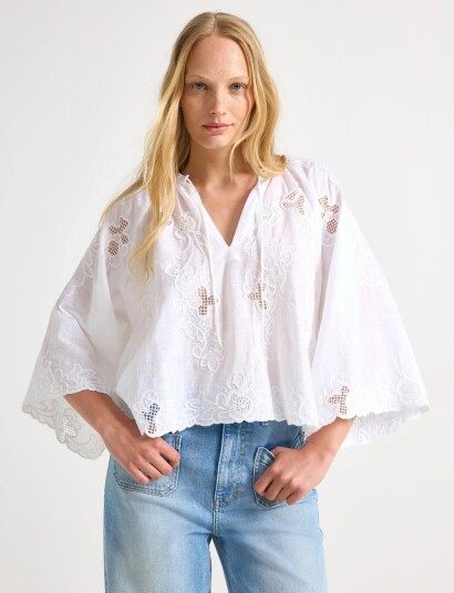 Lindex Embroidered Blouse With Wide Sleeves White M