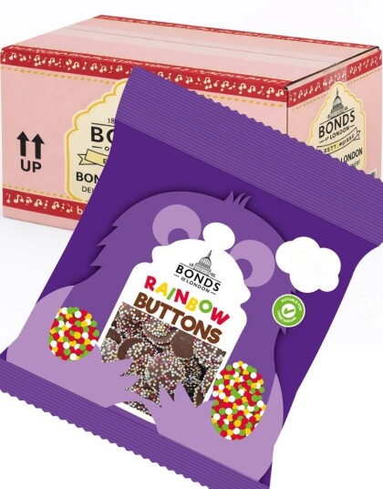20 stk Rainbow Buttons   Sjokolade med Strøssel   Bonds of London   Hel Eske 800 gram UK