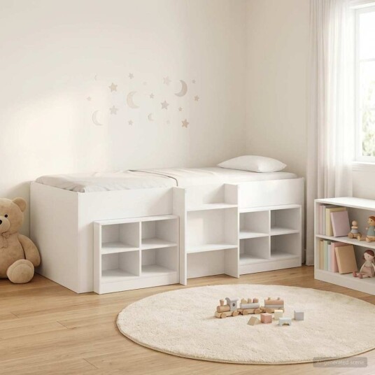  Loft Seng Ramme med Skap med hylle 3 pcs Hvit Konstruert tre