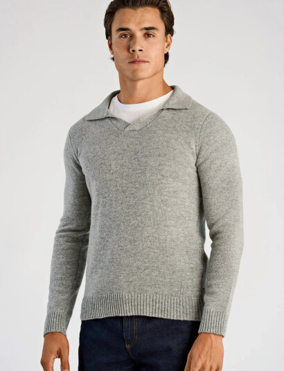 Lindbergh Lambswool L/S V-Neck Polo - Grey - XL