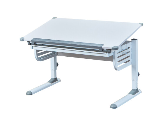 Skog skrivebord med heve senke plate og 1 skuff hvit og grå.