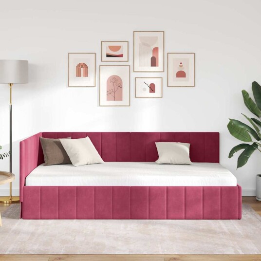 Hjørnesengramme med hodegjerde Vinrød 100 x 200 cm Fløyel Hjørnesengramme med hodegjerde Vinrød 100 x 200 cm Fløyel
